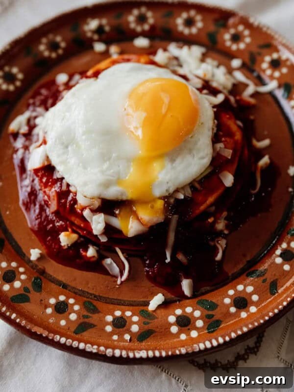 Authentic Green Enchiladas (Enchiladas Verdes) Recipe for Dinner 14 stacked red enchiladas on an earthenware plate with a fried egg on top