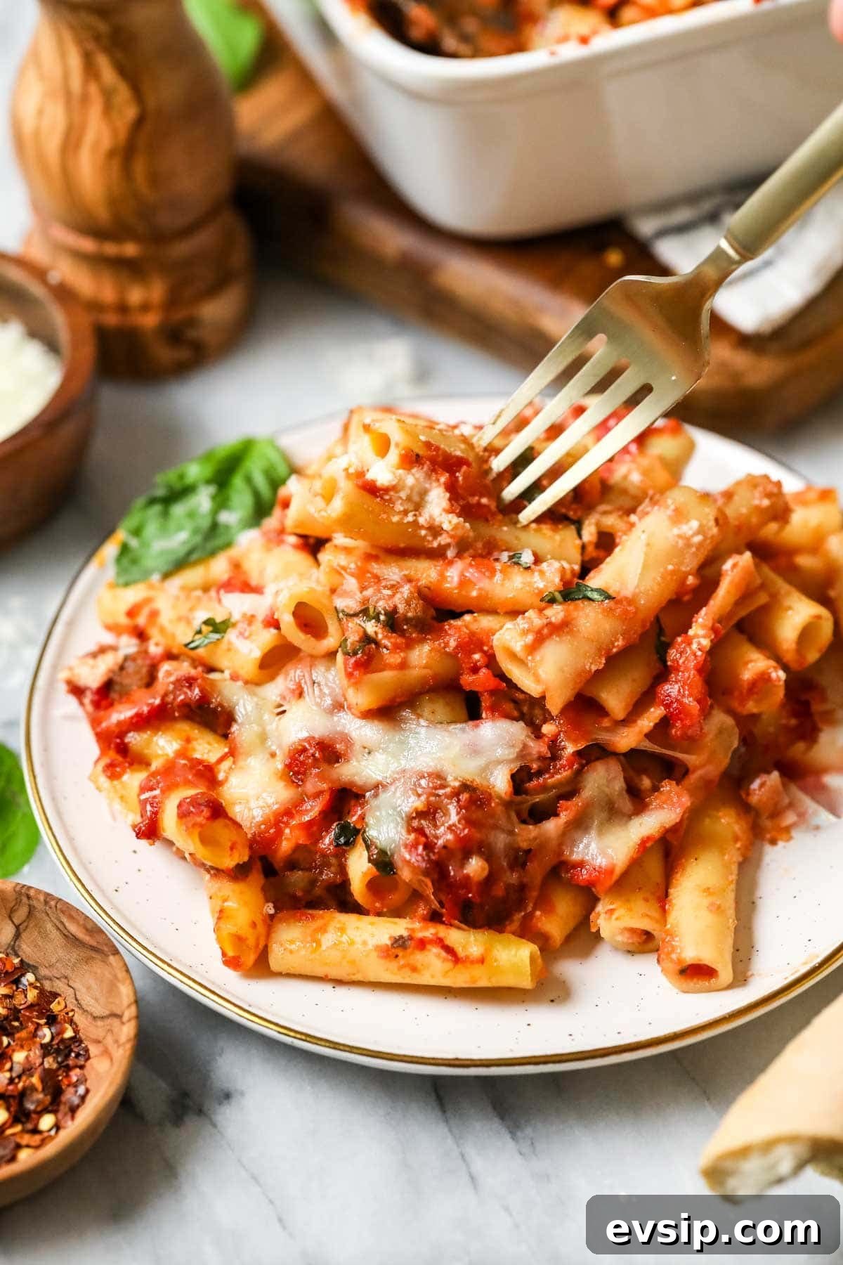 Classic Baked Ziti with Melty Cheese and Italian Sausage 2 Plate with a serving of baked ziti.