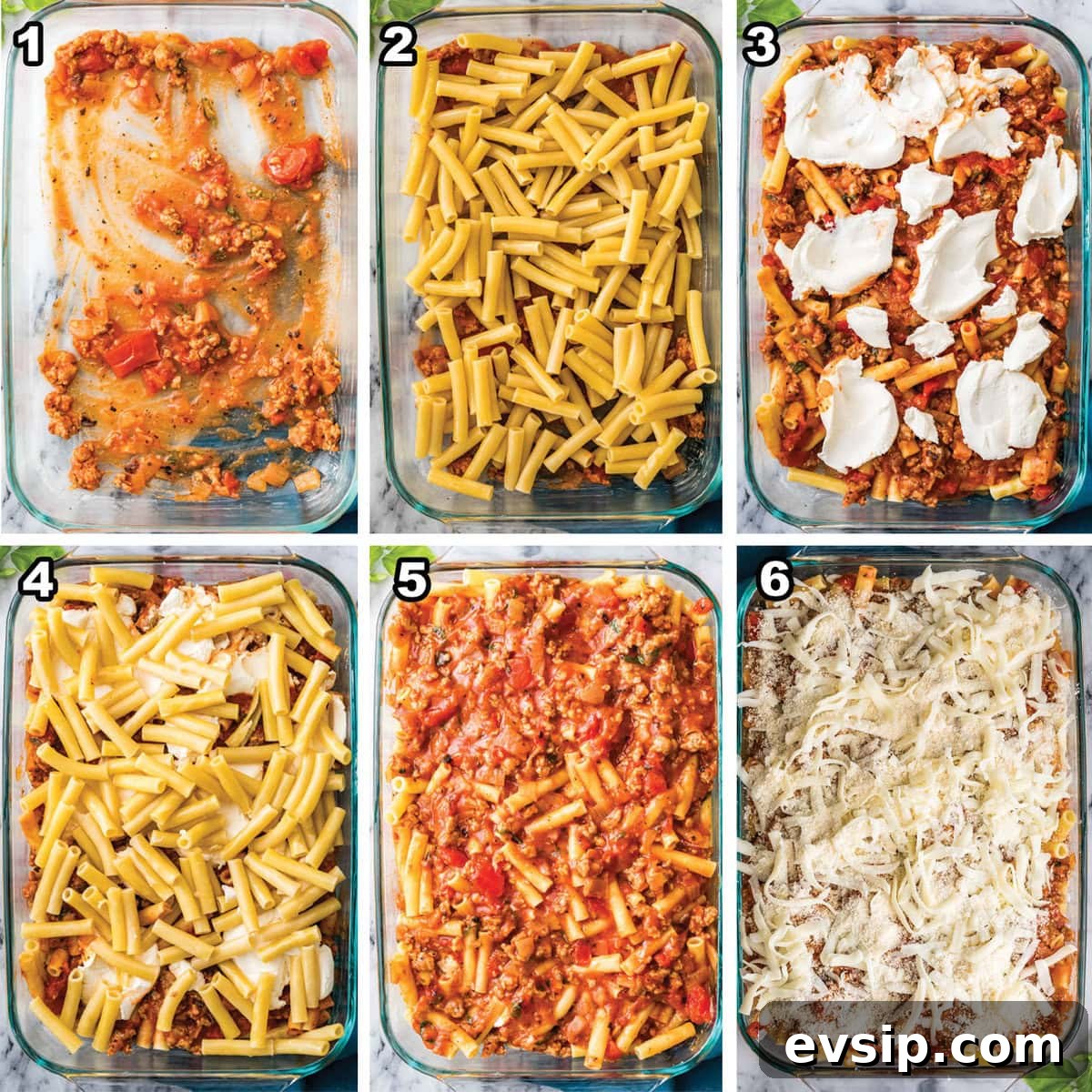 Classic Baked Ziti with Melty Cheese and Italian Sausage 7 6 images showcases the layering process of making baked ziti