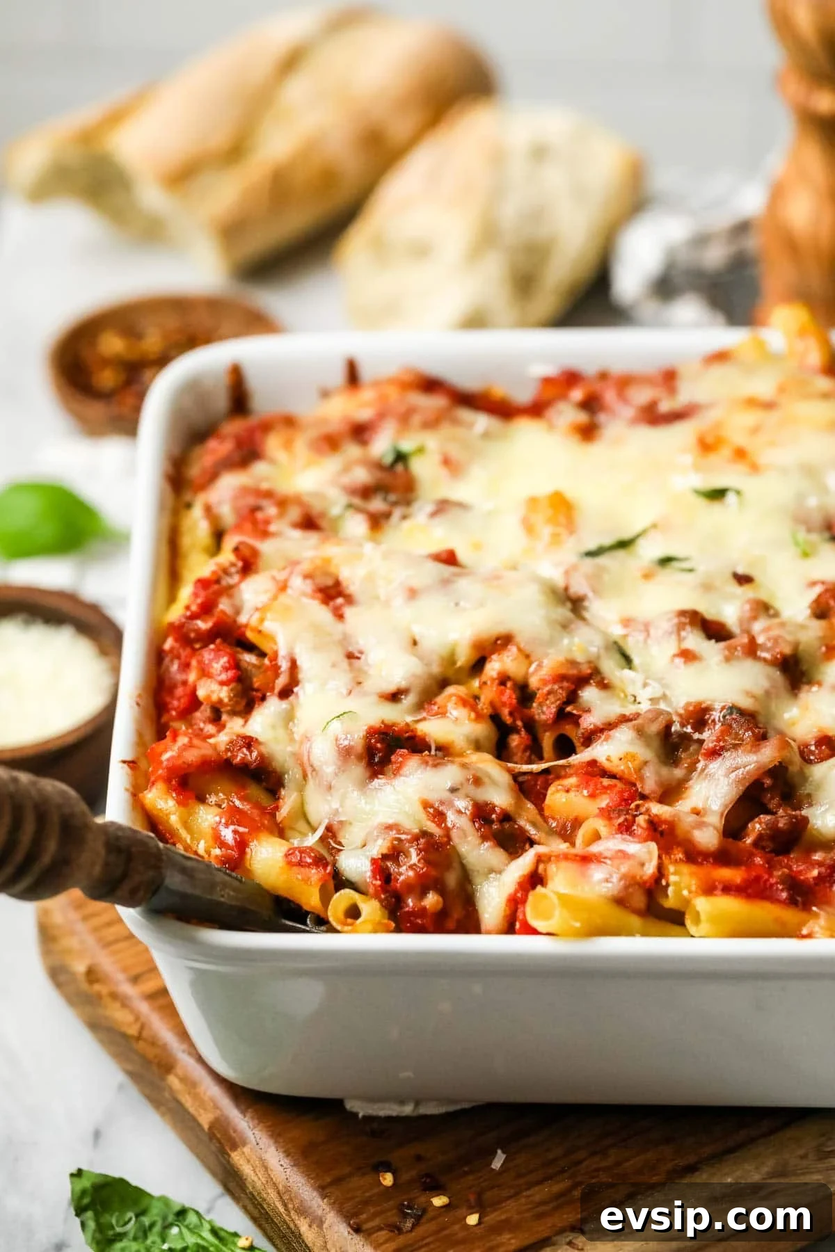 Classic Baked Ziti with Melty Cheese and Italian Sausage 9 Close-up view of baked ziti in a baking dish.