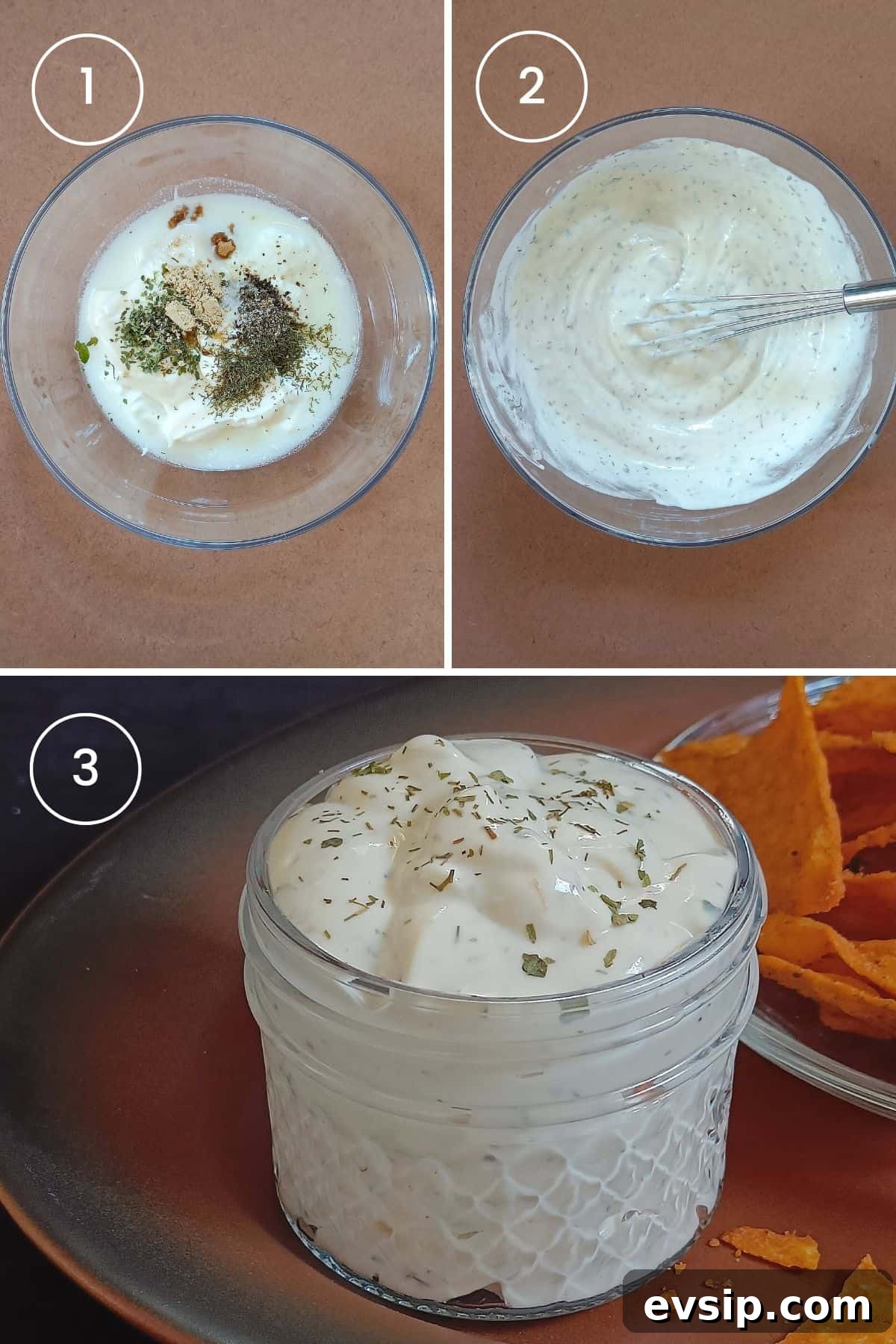 3 images showing combining the wet and ranch seasoning ingredients and putting the dressing in a mason jar.