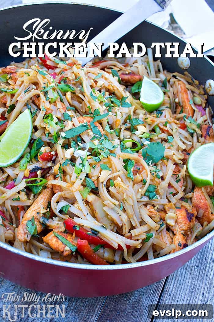 Skinny Chicken Pad Thai, a favorite dish made lighter with chicken, veggies, peanuts and classic pad Thai flavors!