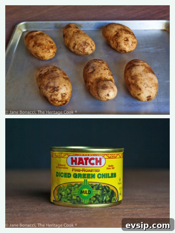 Stuffed Green Chile Potato Skins with Melted Cheese & Bacon 3 Potatoes on a baking sheet ready for roasting and a can of Hatch Green Chiles.