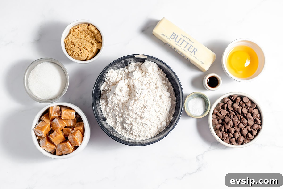 Ingredients to make caramel stuffed chocolate chips cookies set out on the counter.