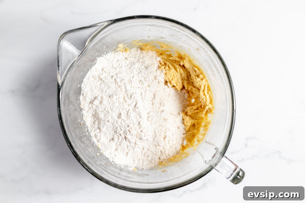 Flour is added to butter sugar mixture in the mixing bowl.