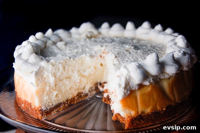 Vanilla Bean Cheesecake is a Cheesecake Factory Copycat recipe. It is so rich and creamy! #cheesecake #vanillabean #cheesecakefactory #recipe Vanilla Bean Cheesecake with White Chocolate Mousse on a cake stand.