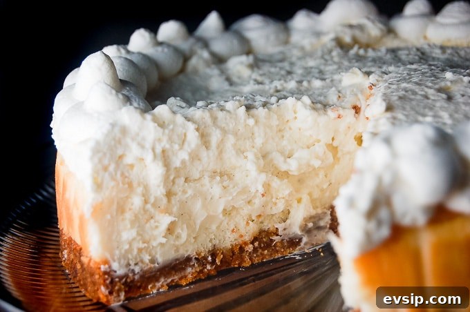 Vanilla Bean Cheesecake is a Cheesecake Factory Copycat recipe. It is so rich and creamy! #cheesecake #vanillabean #cheesecakefactory #recipe closeup picture of Vanilla Bean Cheesecake with White Chocolate Mousse.