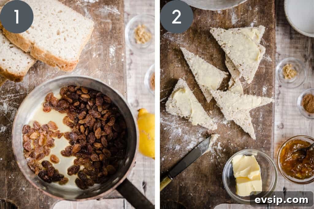 Gluten-Free Bread and Butter Pudding Recipe — Cozy Dessert Guide 8 Two images of the process of making bread and butter pudding. One with sultanas in a pan, the other with buttered bread