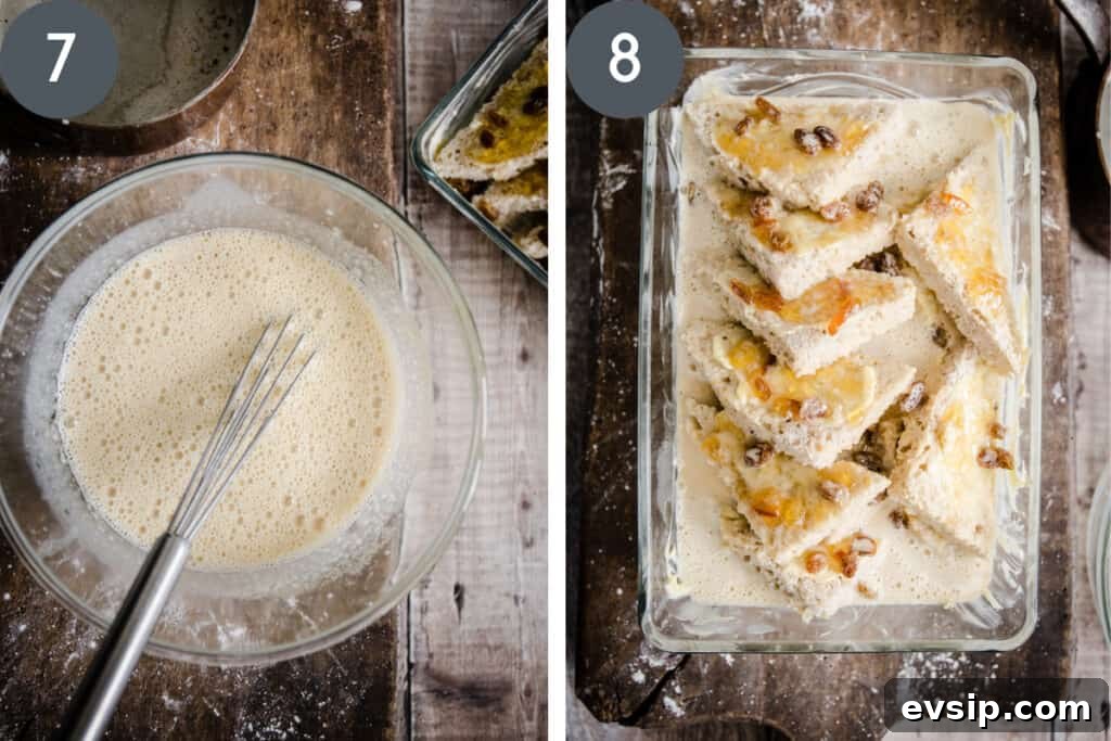 Gluten-Free Bread and Butter Pudding Recipe — Cozy Dessert Guide 9 Two images of the process of making bread and butter pudding. one of the custard in a bowl, the other of the assembled ingredients