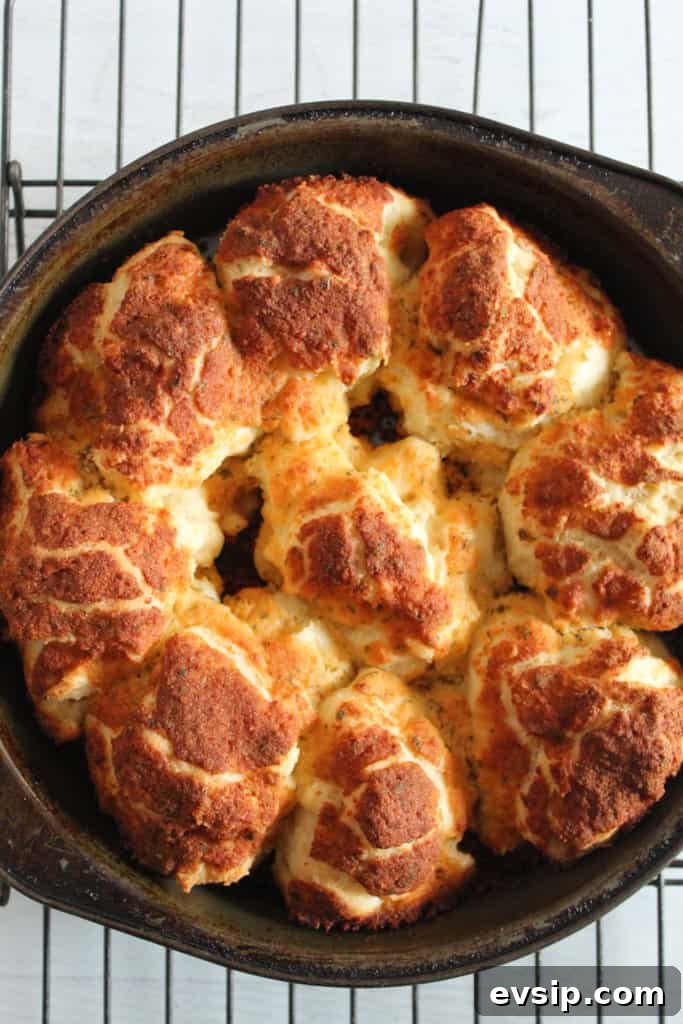 Gluten-Free Dairy-Free Parmesan Pull-Apart Rolls 7 baked gluten free parmesan rolls in a baking pan.