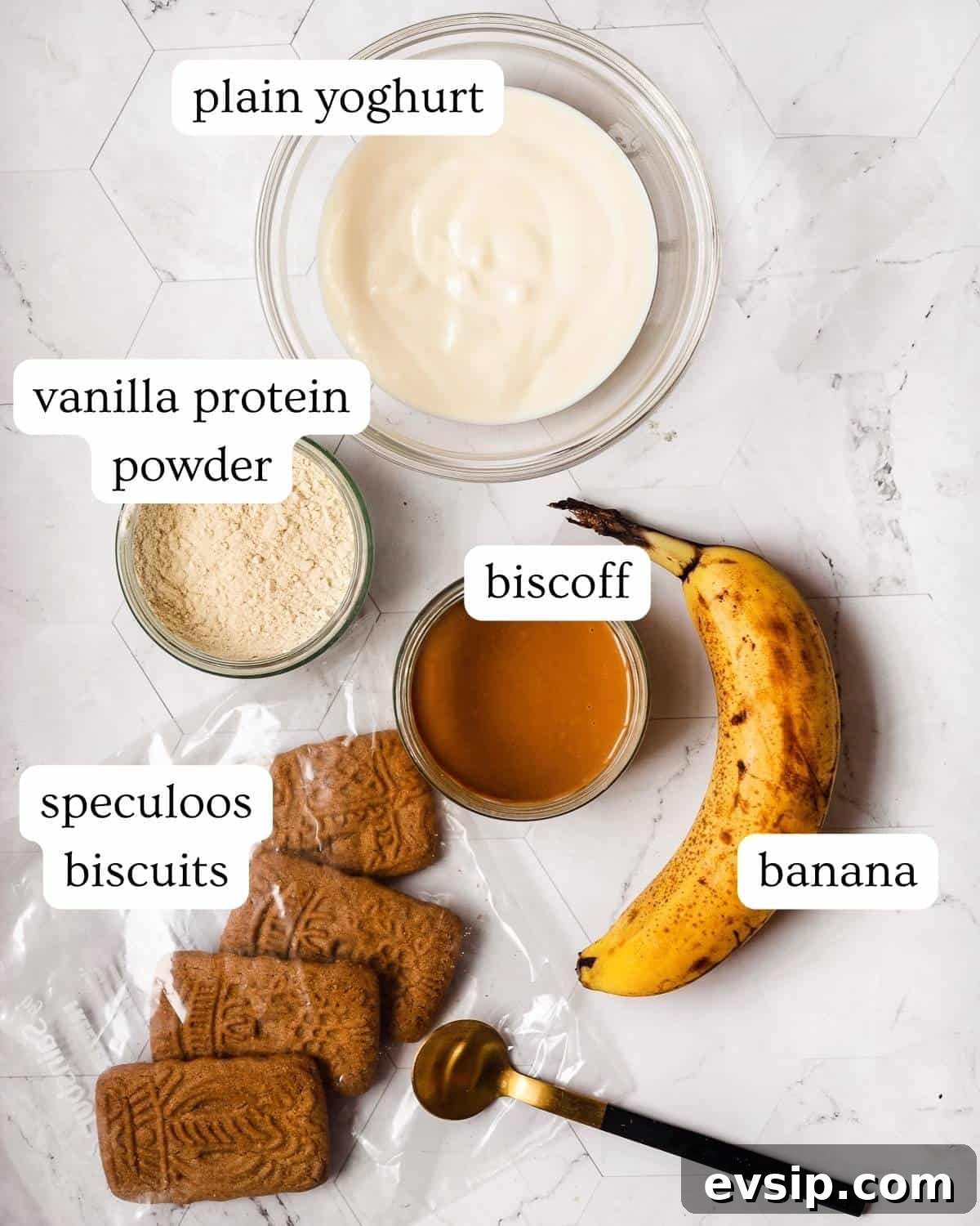 Biscoff Banoffee Pie Cups Recipe — No-Bake Dessert Cups 4 Ingredients needed to make biscoff banoffee pie cups.