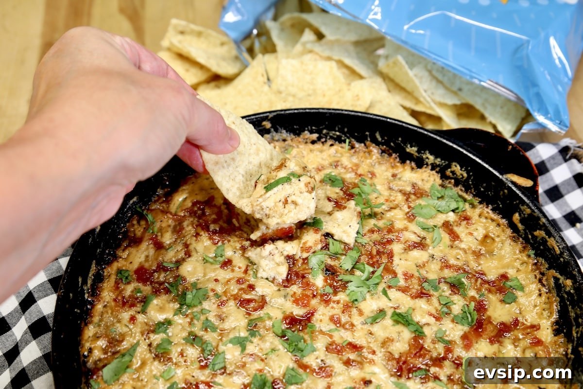 Hot onion dip with bacon on the pellet grill. Chips dipping into hot onion dip.