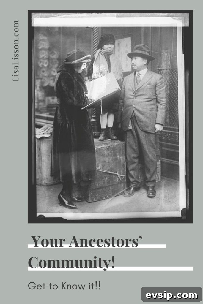 black and white photo of woman in fur coat taking census information from man in a hat. Child looking on.