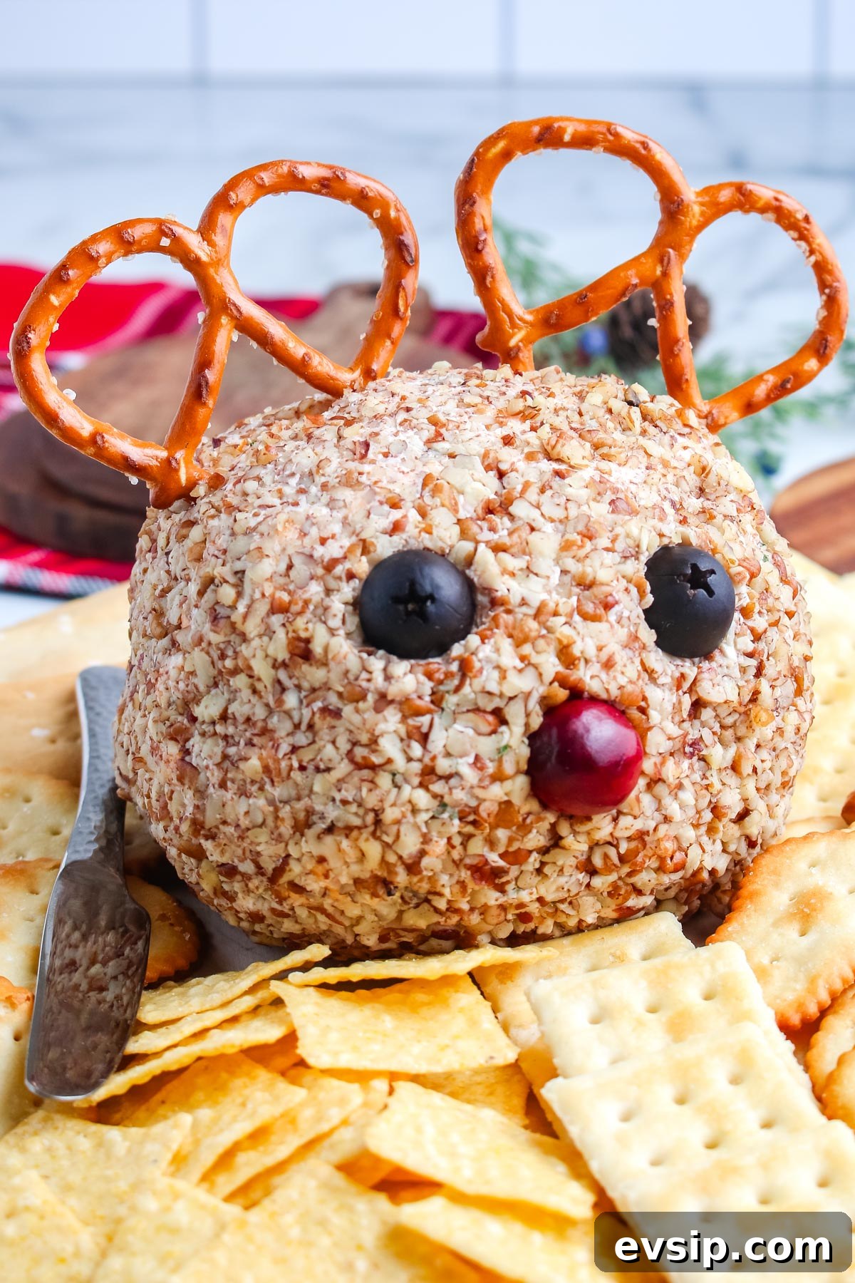 The reindeer cheeseball on a platter covered in crackers. 