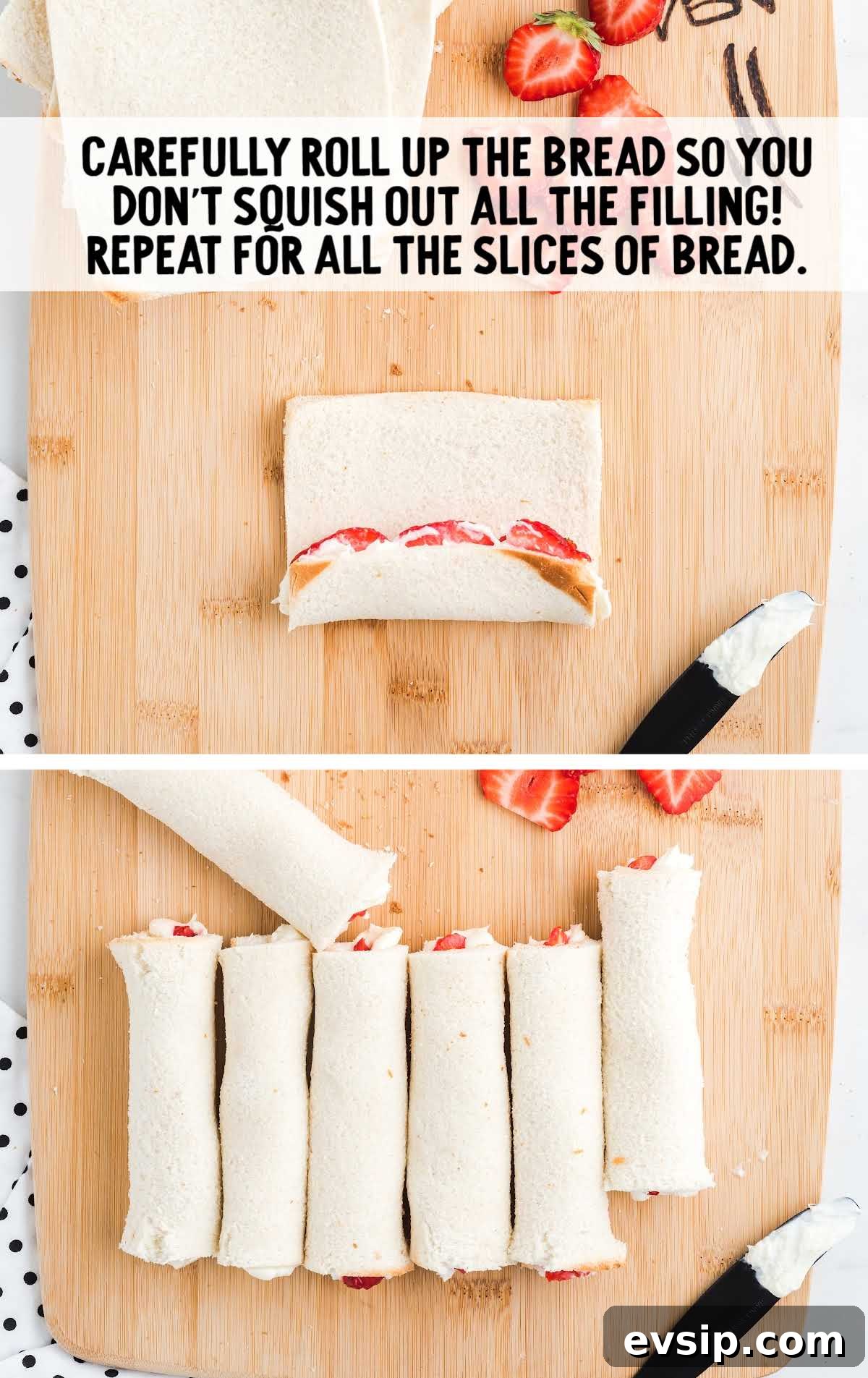 Cinnamon French Toast Roll-Ups with Maple Dipping Sauce 11 bread being rolled up on a wooden board