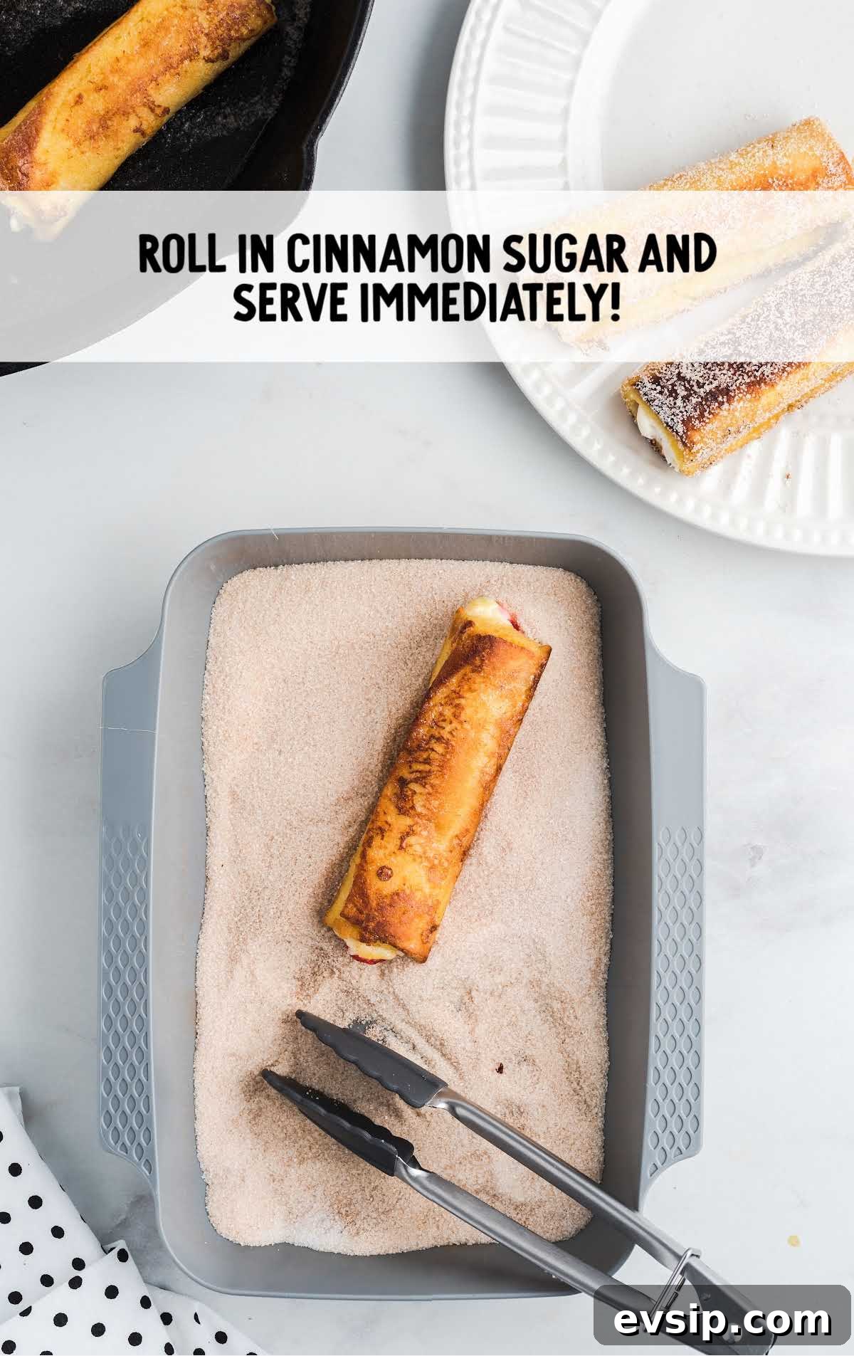 Cinnamon French Toast Roll-Ups with Maple Dipping Sauce 14 roll-ups being rolled into the cinnamon sugar mixture