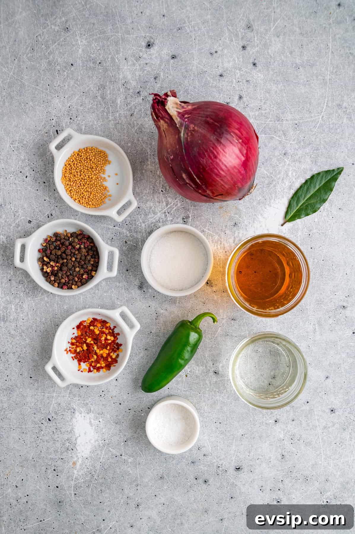Overhead view of ingredients needed to make pickled red onions