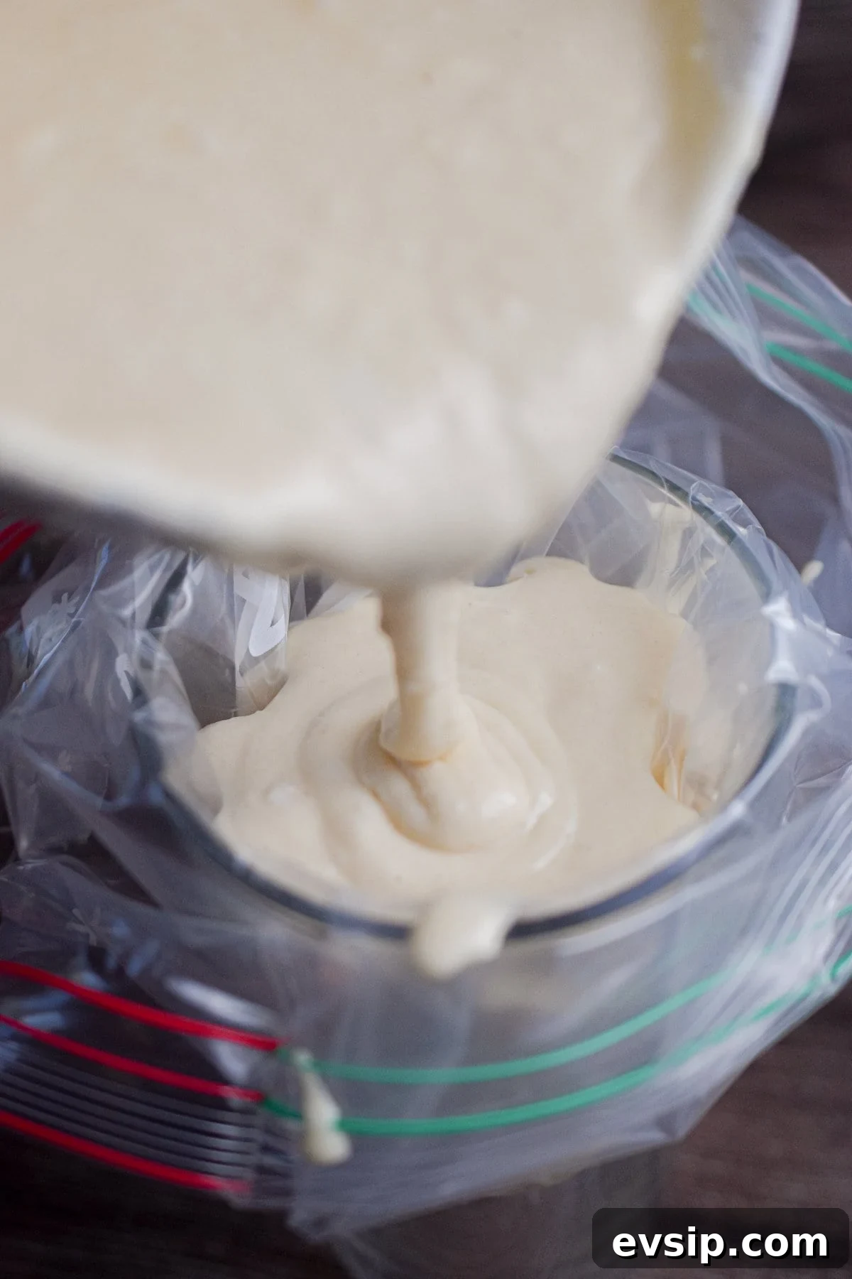 Funnel Cakes Made with Pancake Mix: Simple Fair-Style Recipe 5 The funnel cake batter is being poured into a gallon Ziploc bag.