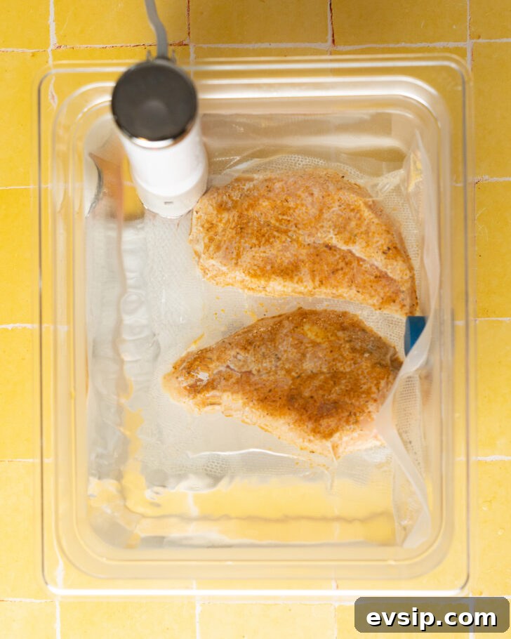 Breville Joule Immersion Circulator Sous Vide Review & Performance Guide 2 Breville Joule from ChefSteps in sous vide water bath with vacuum sealed chicken breasts.