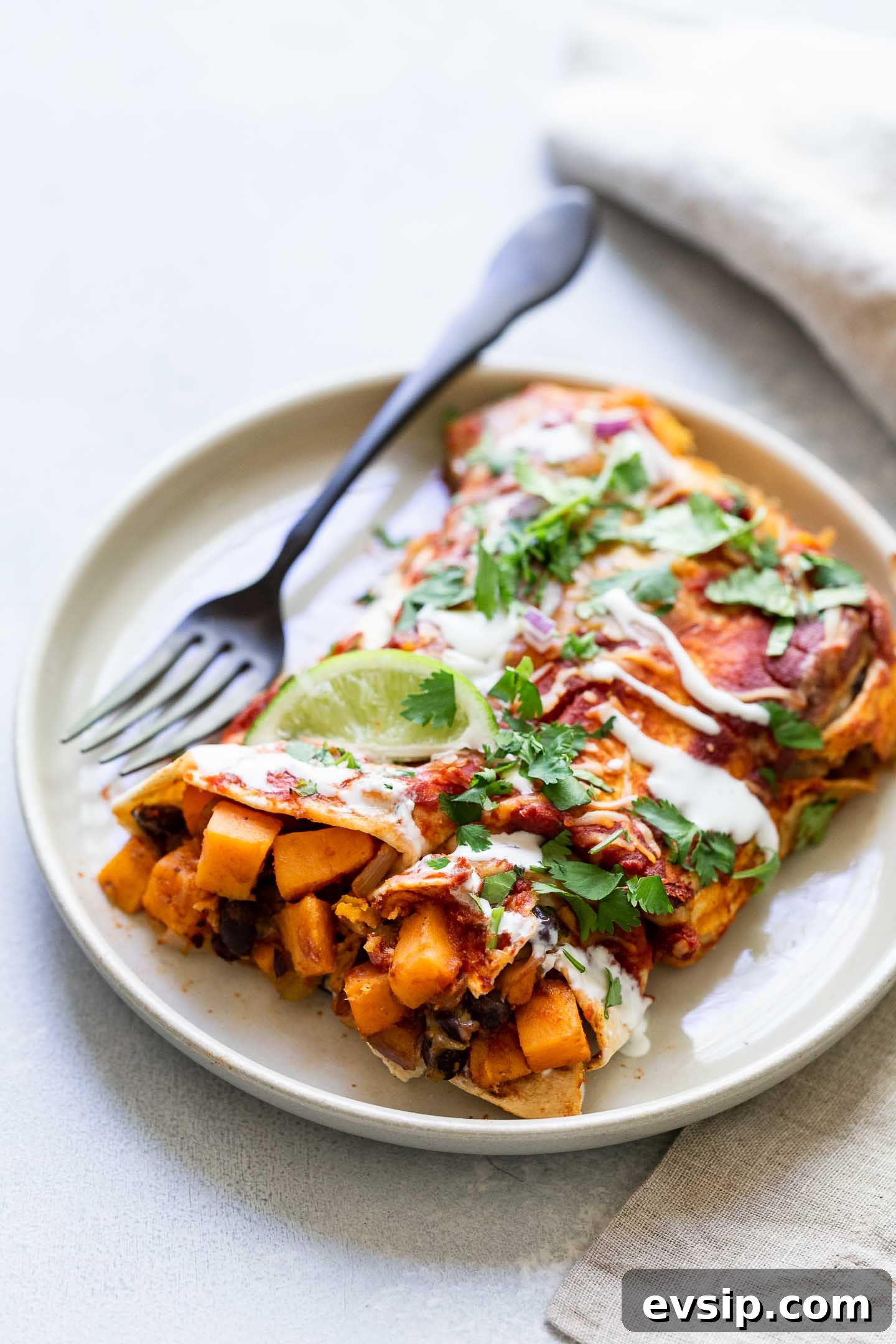 Sweet Potato Enchilada Casserole Recipe 2 A serving of sweet potato enchiladas on a plate.