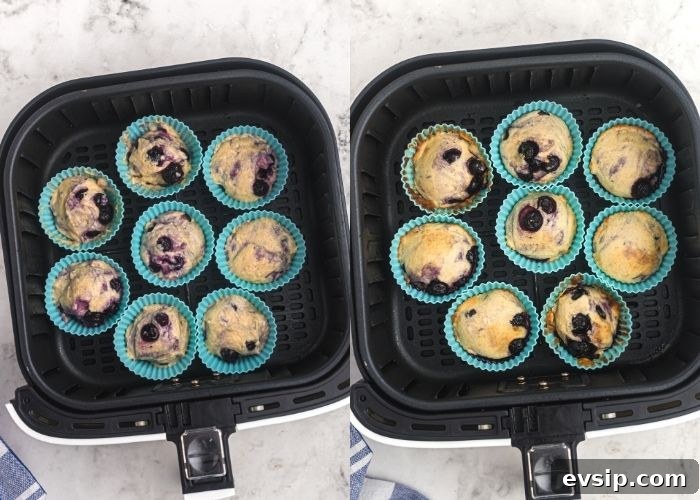 Side by side photos of batter in the air fryer basket showing before and after cooking