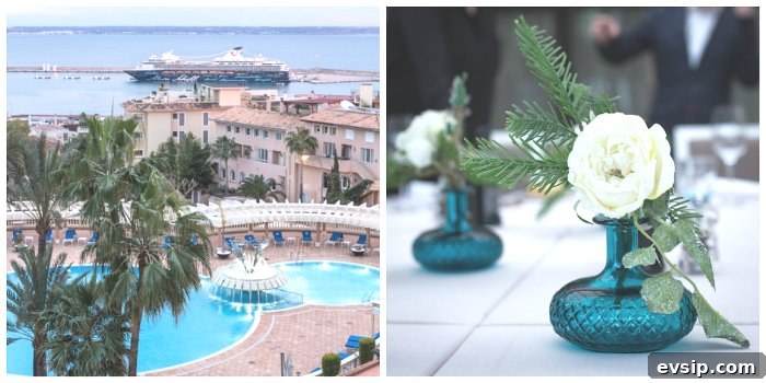 Spicy Sobrasada Burger Recipe with Crispy Onion and Manchego 3 the hotel view out over the cruise ships in Palma harbour and a white flower in a blue glass vase