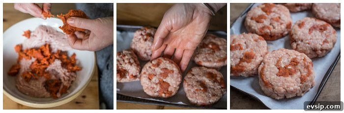 Spicy Sobrasada Burger Recipe with Crispy Onion and Manchego 9 the 3 stages to make a sobrasada burger: the pork mixture in a bowl being shaped by hand and a tray of burger ready to cook
