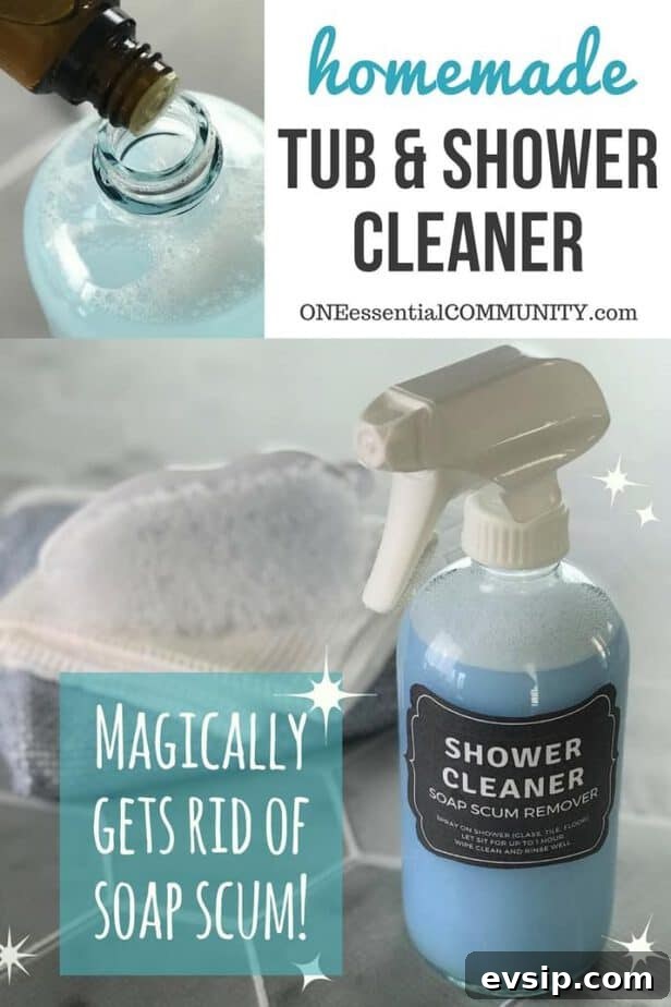 Magic homemade shower cleaner shines, cleans, and disinfects tubs, tile, and glass shower doors with practically no scrubbing to get rid of soap scum, hard water stains, dirt, grease, grime, mold & mildew. Just 3 ingredients (Dawn, vinegar, and essential oils) makes shower clean, shiny, and sparkly!
