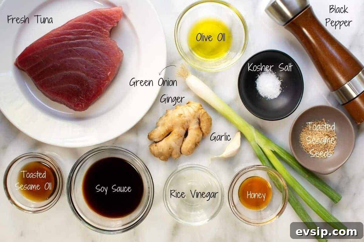 Grilled Tuna Steak Ingredients on a white marble board