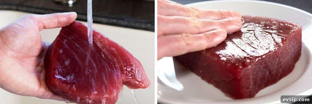 rinsing tuna steak and rubbing with oil