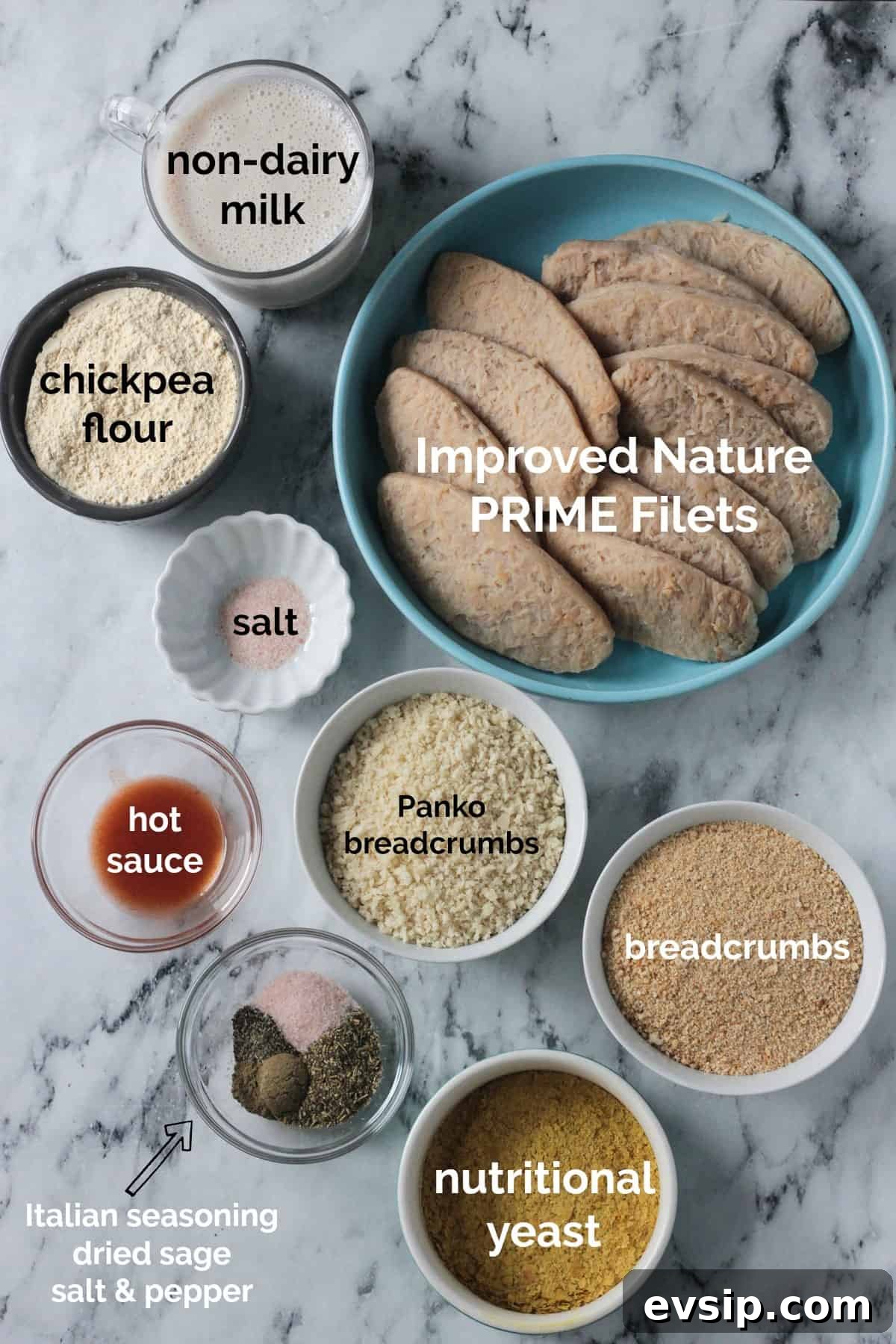Recipe ingredients arrayed in individual bowls.