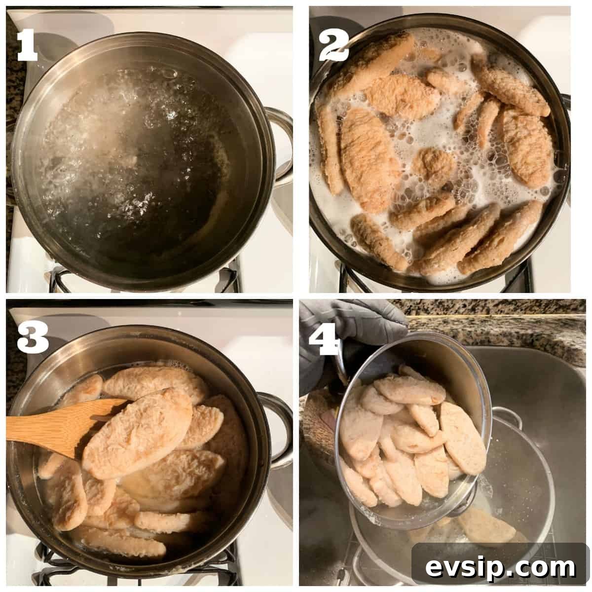 Steps to rehydrate and boil vegan chicken filets.
