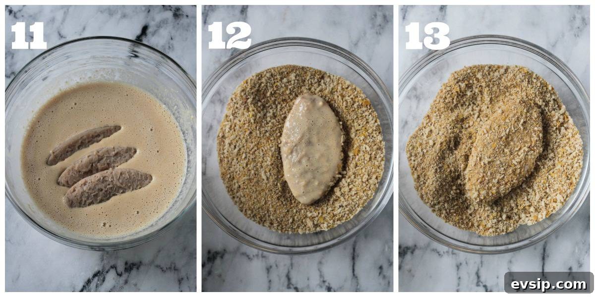 Batter and bread the vegan chicken.