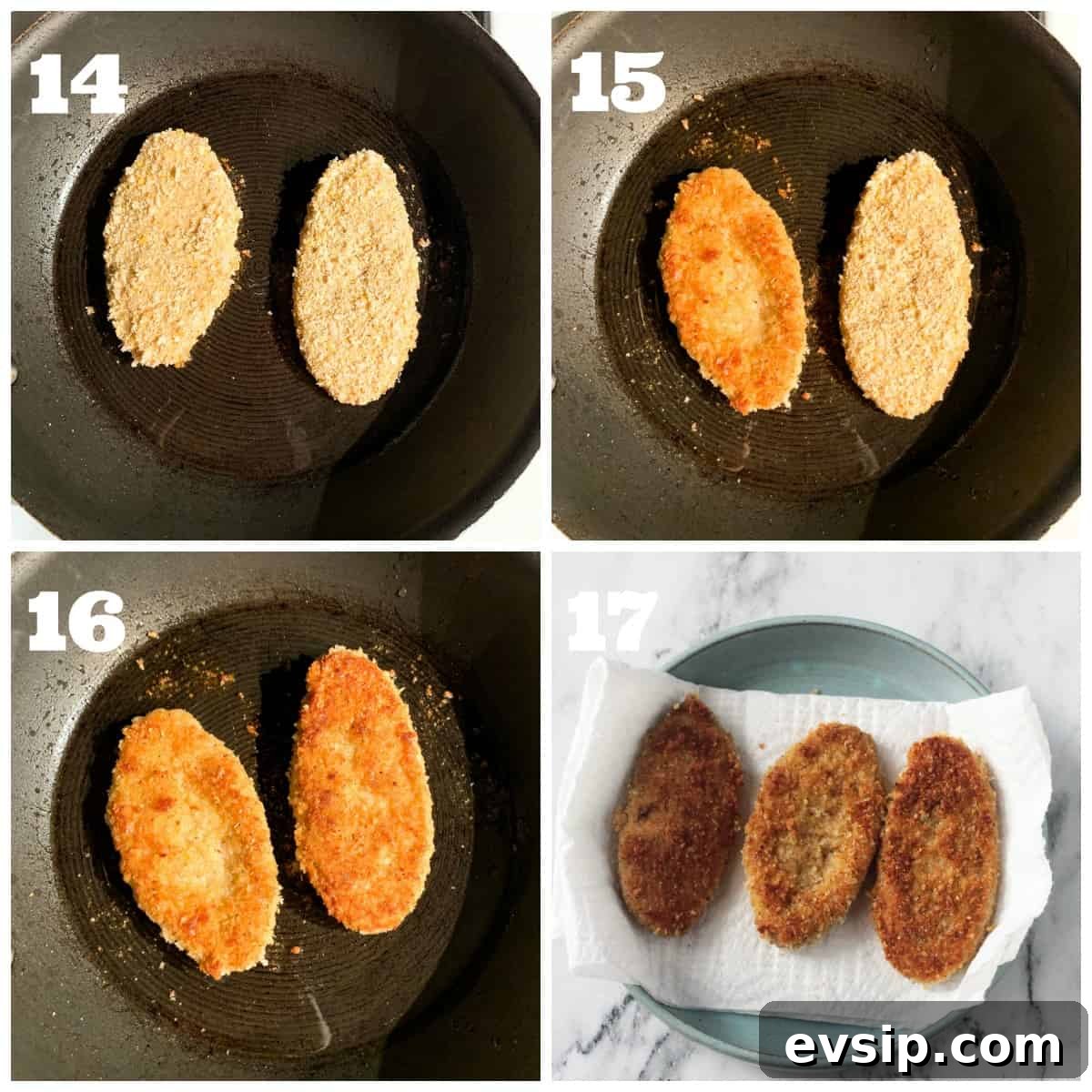 Pan fry the breaded vegan chicken cutlets.
