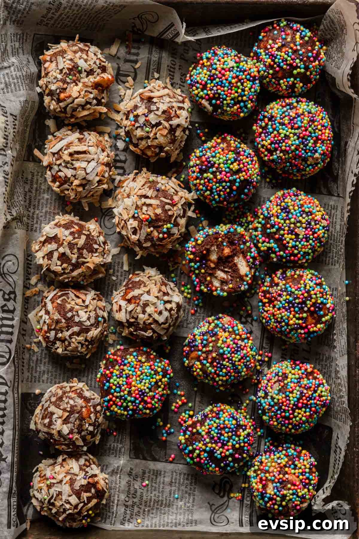 Israeli Chocolate Truffles Recipe — Classic No-Bake Treat 2 Israeli chocolate balls coated with sprinkles and shredded coconut.