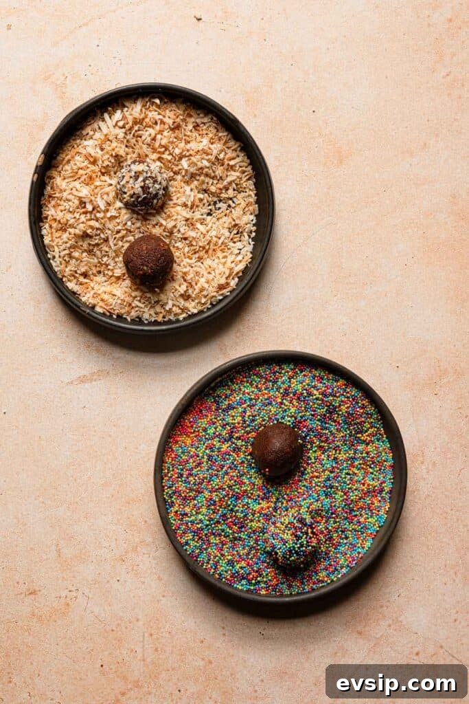 Israeli Chocolate Truffles Recipe — Classic No-Bake Treat 9 A bowl with shredded coconut and chocolate balls. A bowl with sprinkles and chocolate balls.