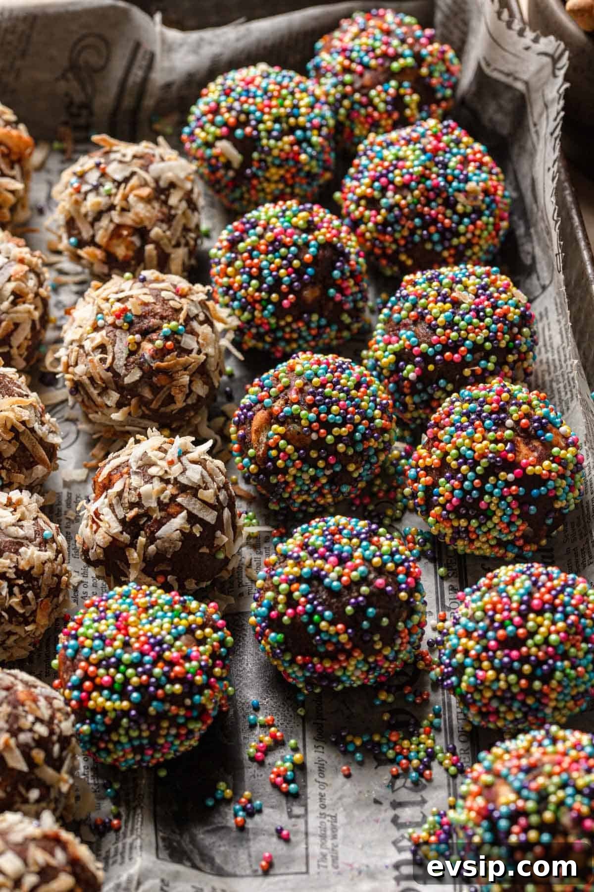 Israeli Chocolate Truffles Recipe — Classic No-Bake Treat 11 Unbaked israeli cookies coated with sprinkles and shredded coconut.