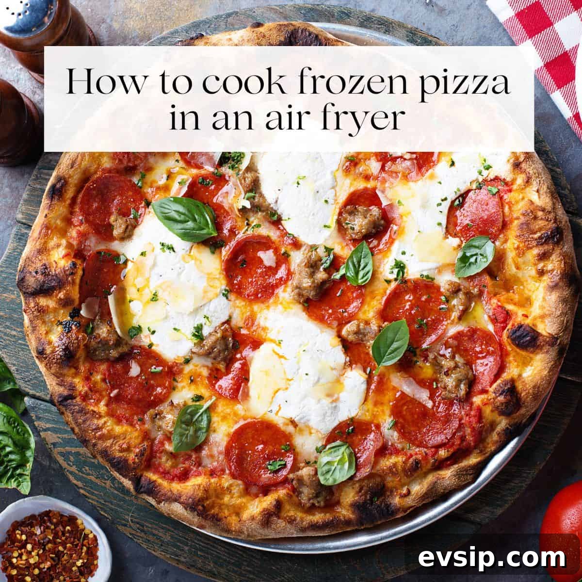 A cooked pizza topped with cheese, pepperoni slices and fresh basil with the title "how to cook frozen pizza in an air fryer" over it.