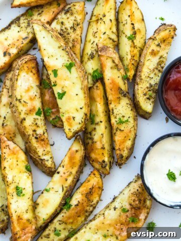 A plate of air fryer potato wedges with a side of ketchup and mayonnaise.