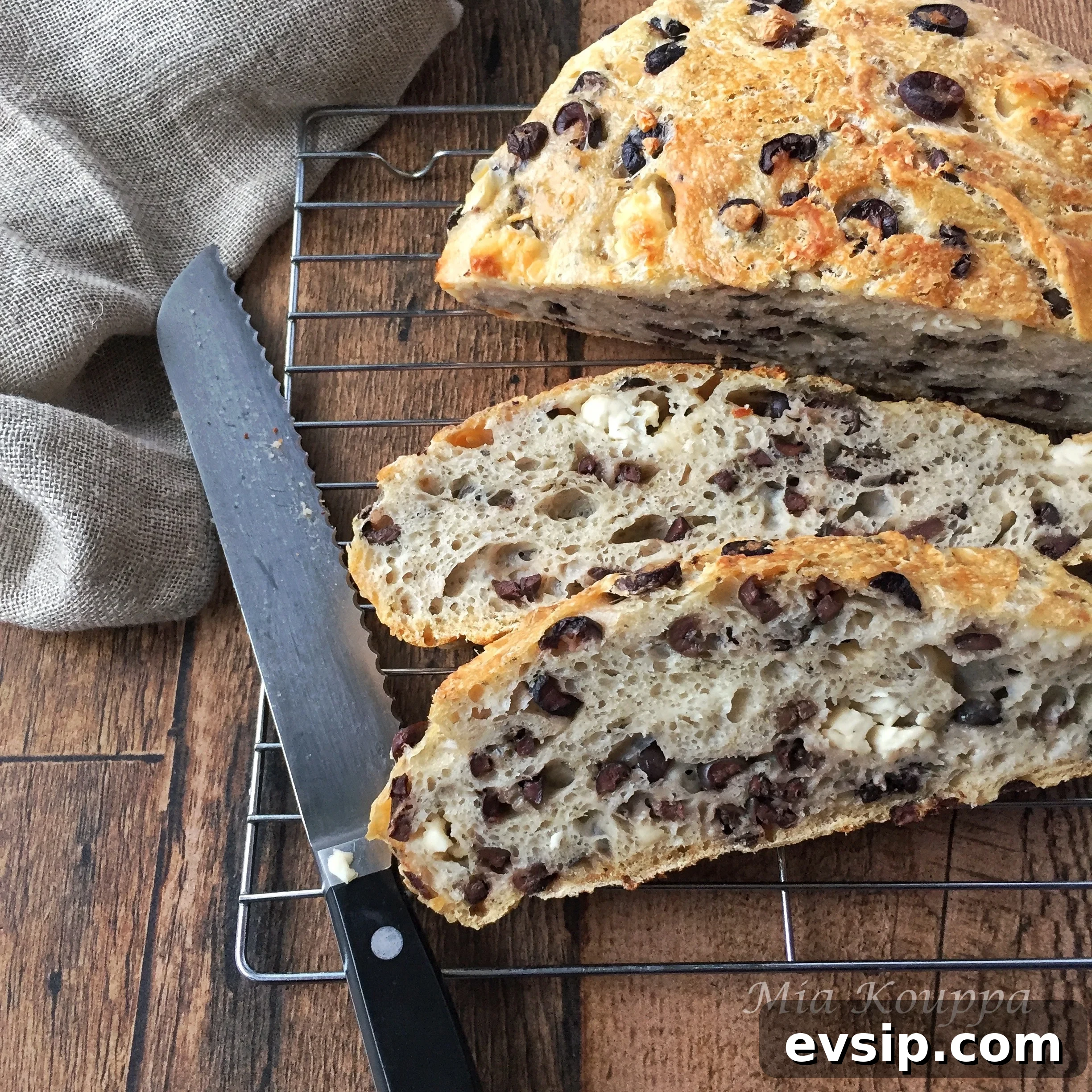 No-knead bread with olives and feta