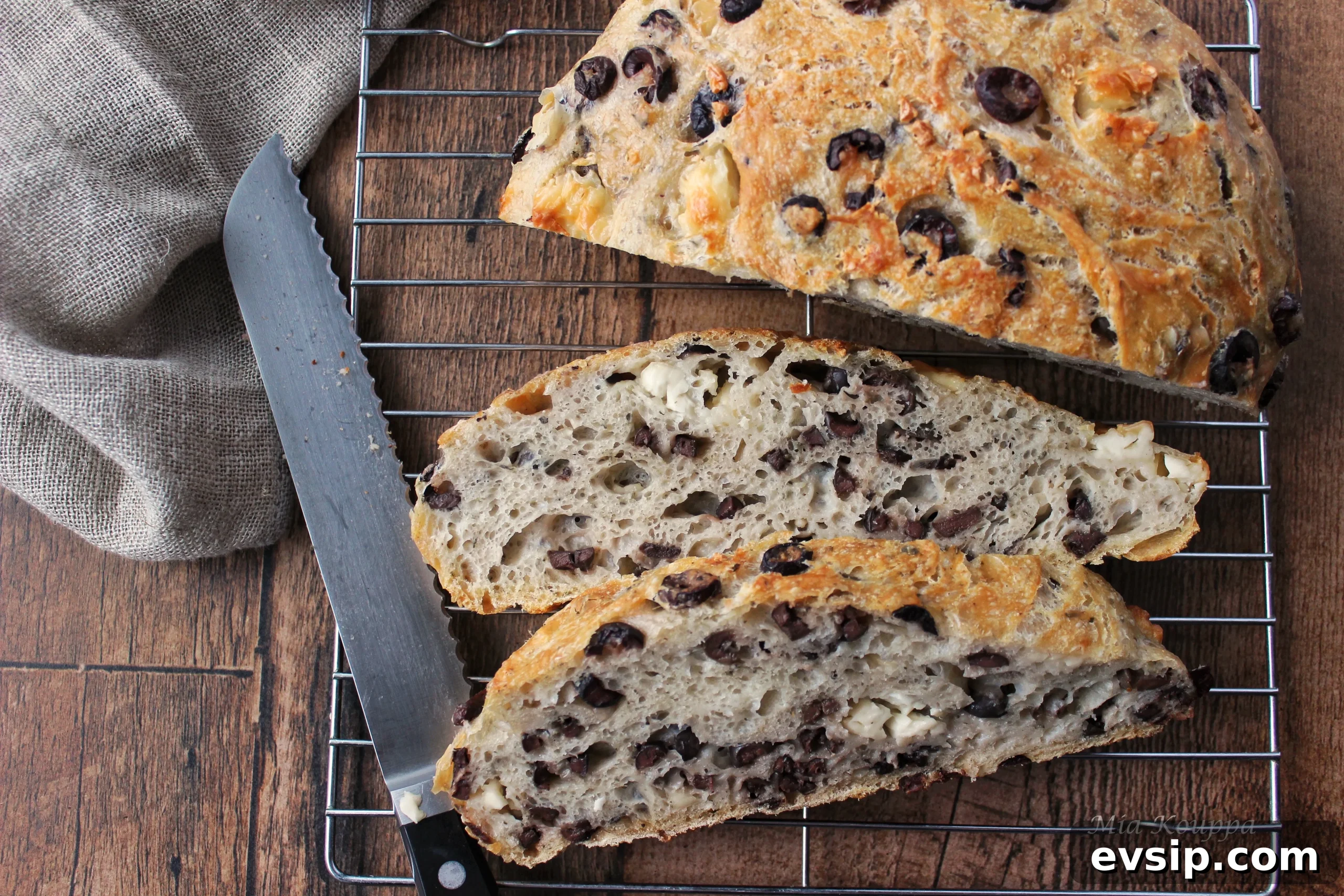 No-knead bread with olives and feta