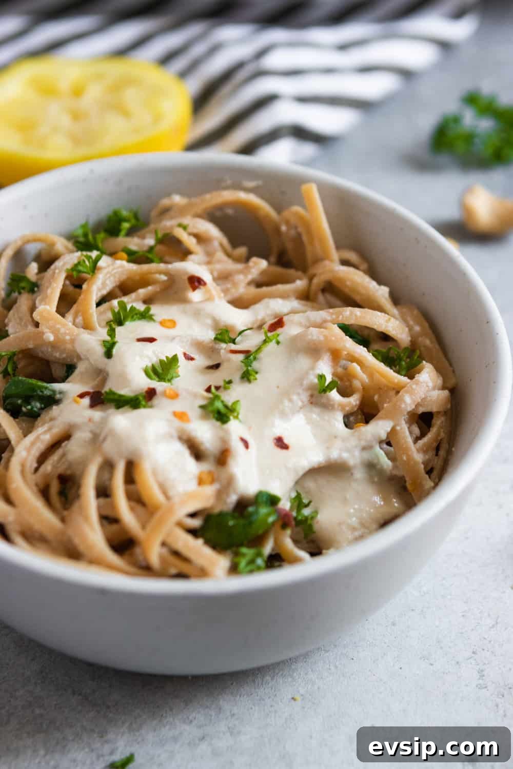 Lemon Garlic Cashew Cream Sauce over Fettuccine.