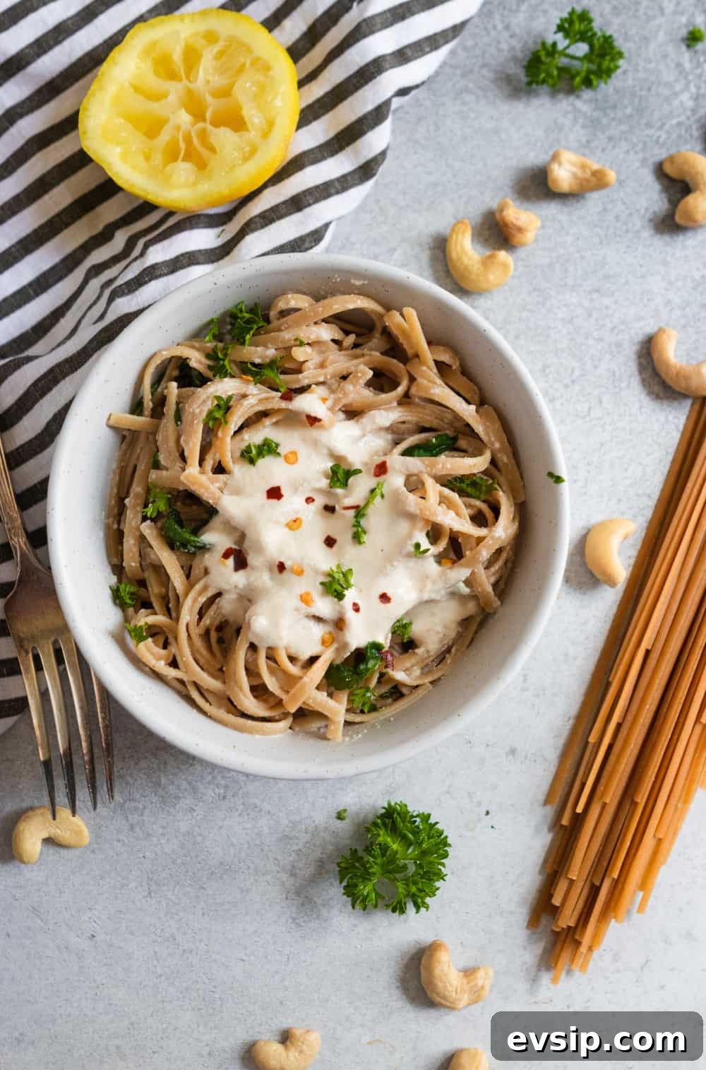 Lemon Garlic Cashew Cream Sauce over Pasta.