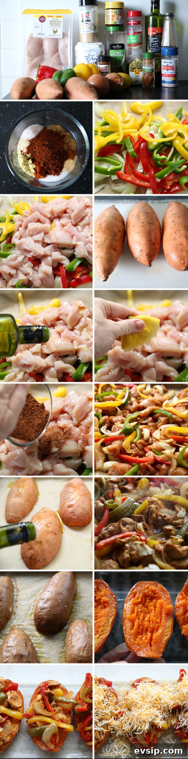 15-photo picture collage of step-by-step photos of how to make fajita stuffed sweet potatoes.