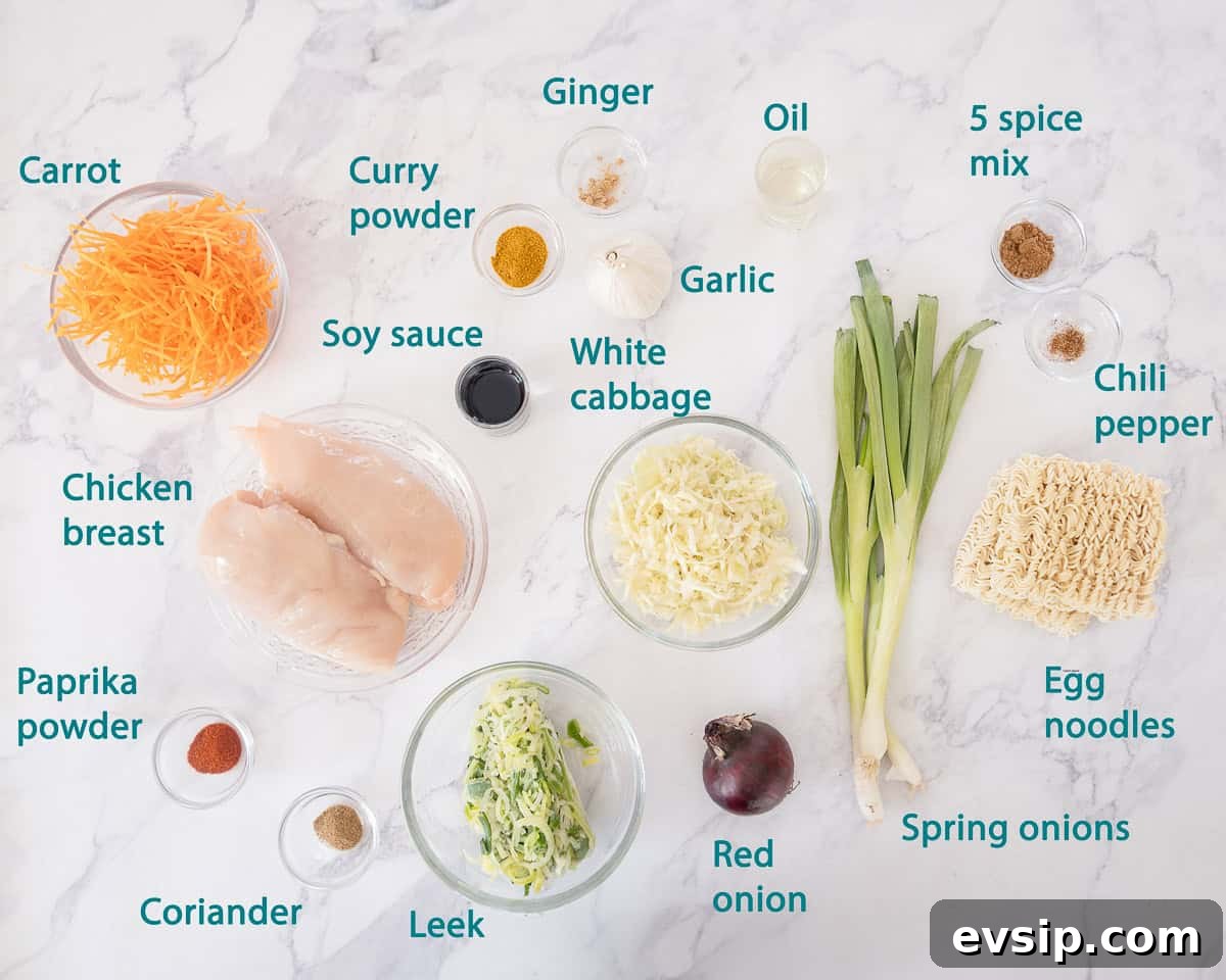 Ingredients Cantonese Chicken with Noodles on a white marbled background with text description.
