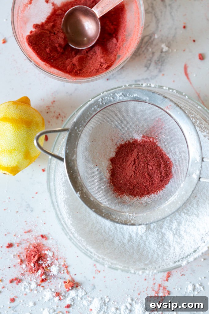 sifting freeze dried strawberries
