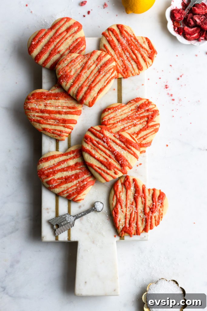 Glazed Strawberry Lemon Heart Cookies plated
