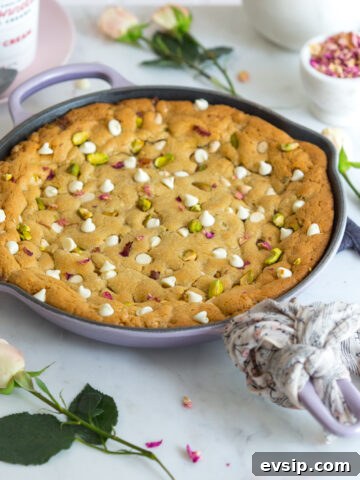 Tahini Pistachio White Chocolate Rose Skillet Cookie by Baking The Goods