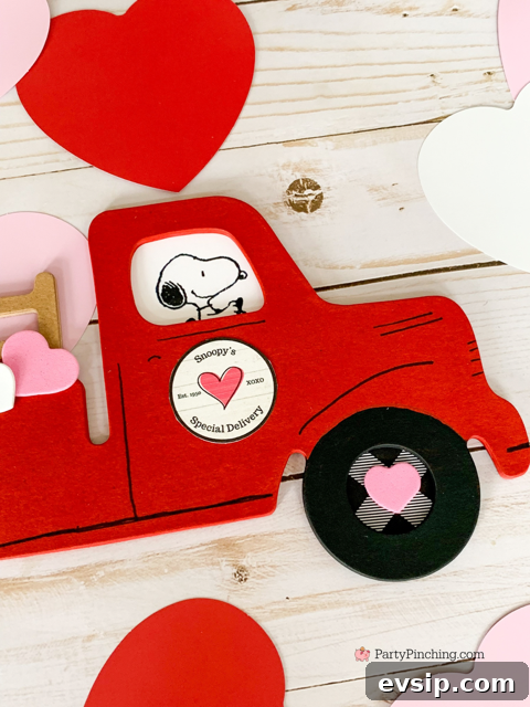 Snoopy’s Special Delivery Truck Craft Project for Kids 3 Snoopy's Special Delivery Truck Craft, best easy Valentine's Day crafts for kids and adults, red truck valentine's craft, peanuts gang valentine, snoopy, charlie brown , Charles M. Schulz Museum workshops, Party Pinching