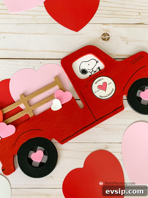 Snoopy’s Special Delivery Truck Craft Project for Kids 8 Snoopy's Special Delivery Truck Craft, best easy Valentine's Day crafts for kids and adults, red truck valentine's craft, peanuts gang valentine, snoopy, charlie brown , Charles M. Schulz Museum workshops, Party Pinching